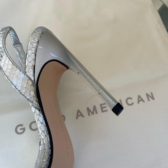 👠 New Good American Open Square Toe Heels Silver Snake Size 4 - Picture 6 of 8